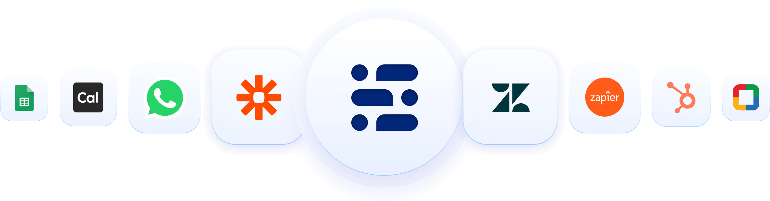 Integration logos including Zapier, Slack, WhatsApp, and more